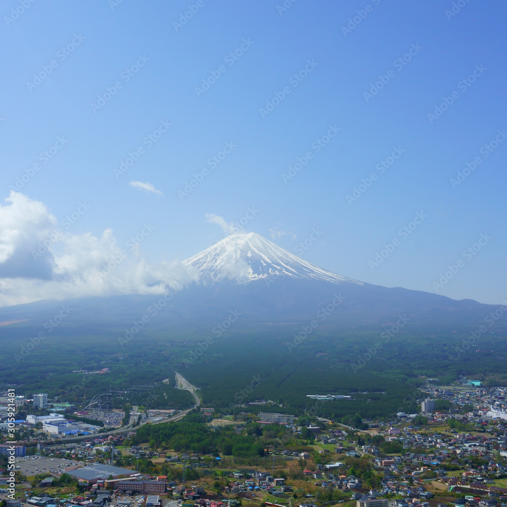 Fuji and city Fujikawaguchiko view from the top of the mountain TenjoYama. Landscape beautiful Mount Fuji, Japan