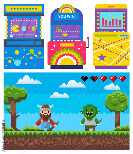 Battle of knight and geek, adventure pixel game. Gambling old machine, colorful computers set, video-game war of heroes, green nature, entertainment vector