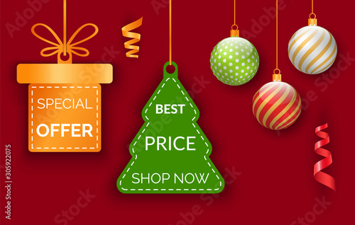 Christmas special offers on gifts. Vector toys for Xmas fir like box with ribbon and tree  holiday balls. Discounts in stores  illustration of advertising. Red promotion poster  best price on presents