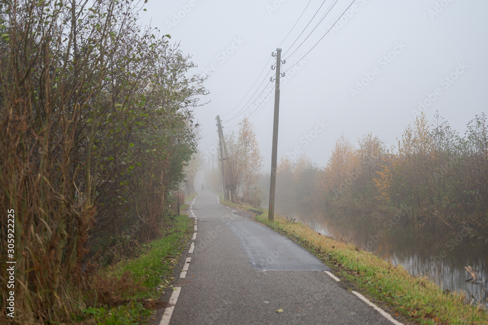 Narrow asphalted road with electricity poles in the roadside through foggy landscape.