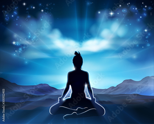 A woman in a yoga or Pilates pose in silhouette with the sunrise behind her background concept