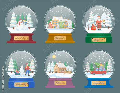 Snow globes set, isolated toys made of glass sphere and wooden pedestal. Snowing landscape with characters inside. Bauble with santa claus and family, car with pine and house in town flat style vector