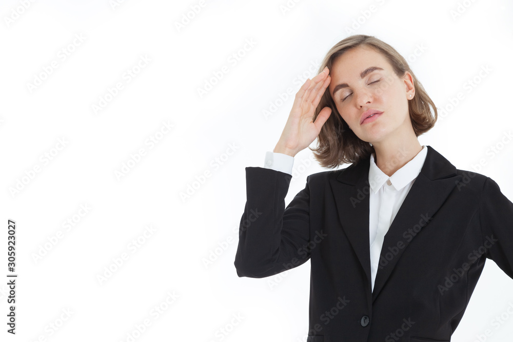 Beautiful business women wear suits, use a hand to touch their heads and thinking with stressful on the white background in the concept of business success and career advancement. Beautiful business women wear suits, use a hand to touch their heads and thinking with stressful on the white background in the concept of business success and career advancement.