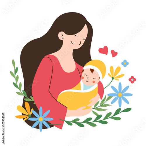 Mother holding her cute baby child vector flat illustration with flower botanical leaf ornament background for happy mother's day poster concept design