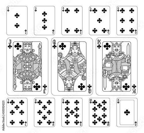 Playing cards clubs set in black and white from a new modern original complete full deck design. Standard poker size.