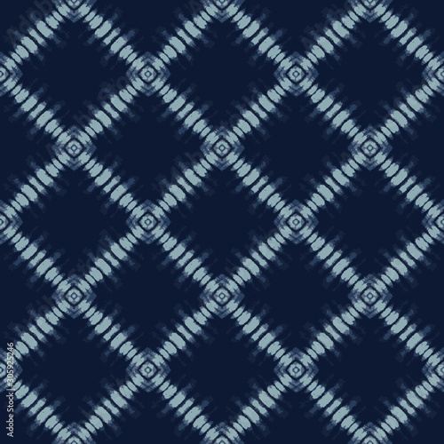 Shibori Tie Dye Indigo Blue Texture Background. Bleached Handmade Resist Seamless Pattern. Organic Cloth Effect Textile. Classic Japanese or Indonesian  All Over Print. Vector Repeat Tile Eps 10