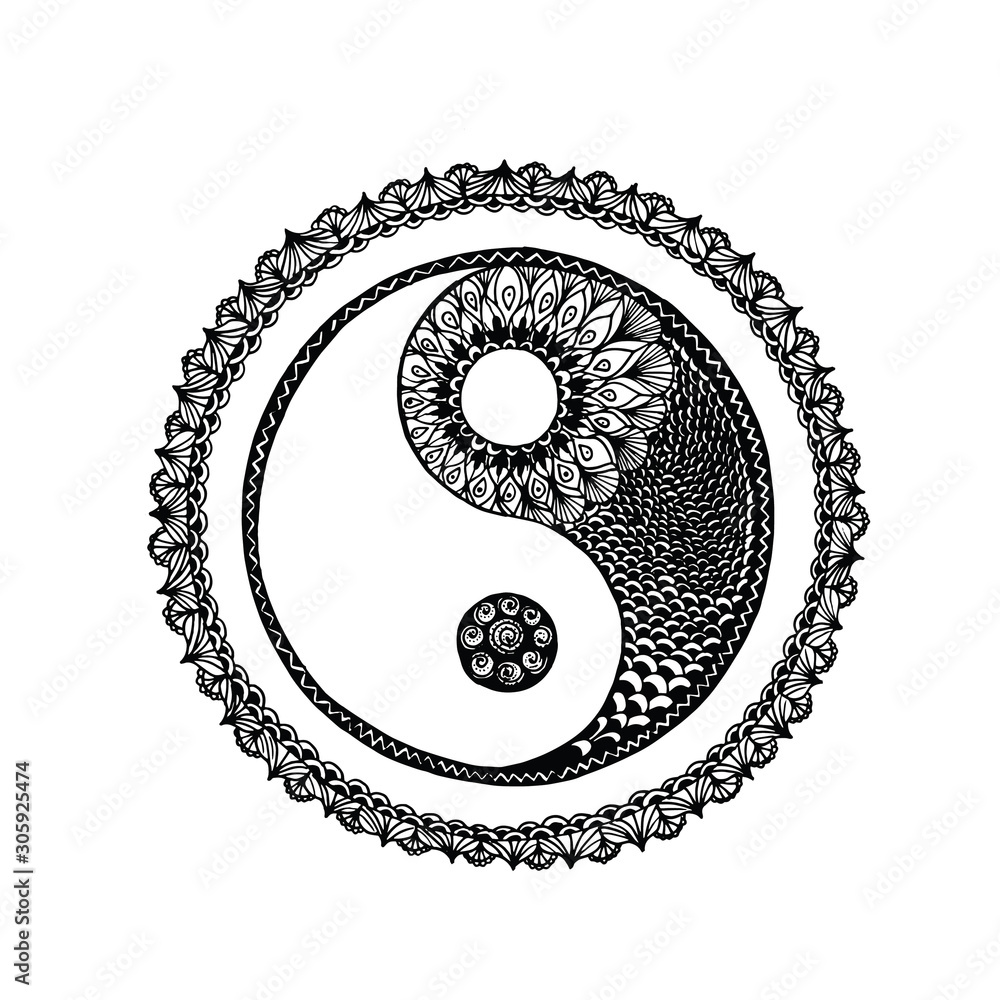 Drawing of a black and white mandala in shape of symbol yin yang Drawing of a black and white mandala in shape of symbol yin yang