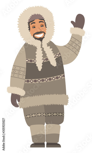 Eskimo man stand alone and wave hand. Indigenous north guy with smile on face and in warm clothes like coat and gloves, boots and hood. Arctic person isolated on white. Vector illustration in flat