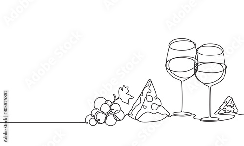 A glass of wine and a bunch of grapes. Drawing by a continuous line. Vine and cheese