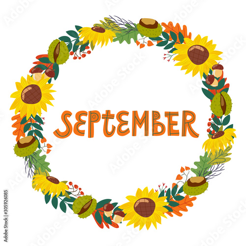 hand drawing lettering month of september in a wreath of flowers and fruits