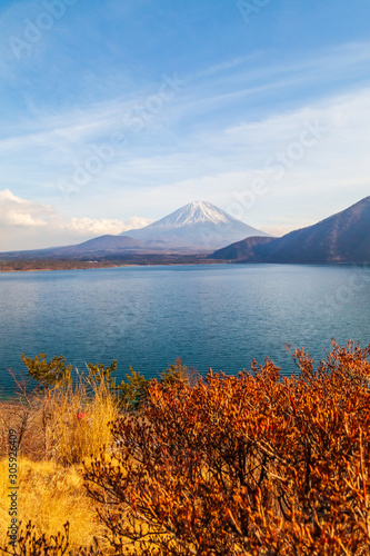 The view of Lake Motoko, One of the 5 lakes around Mount Fuji, 1000 yen Japanese symbol, in the bright blue sky. Japan's landmark, Japan, Fuji san.