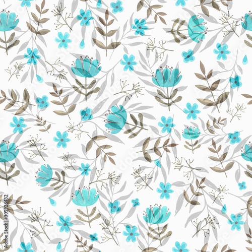 watercolor winter blue and grey leaf seamless pattern