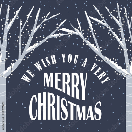 We wish you very merry Christmas celebration of winter holidays. Card with inscription and trees decorated with garlands. Wintry landscape with snowing weather. Xmas wintertime vector in flat