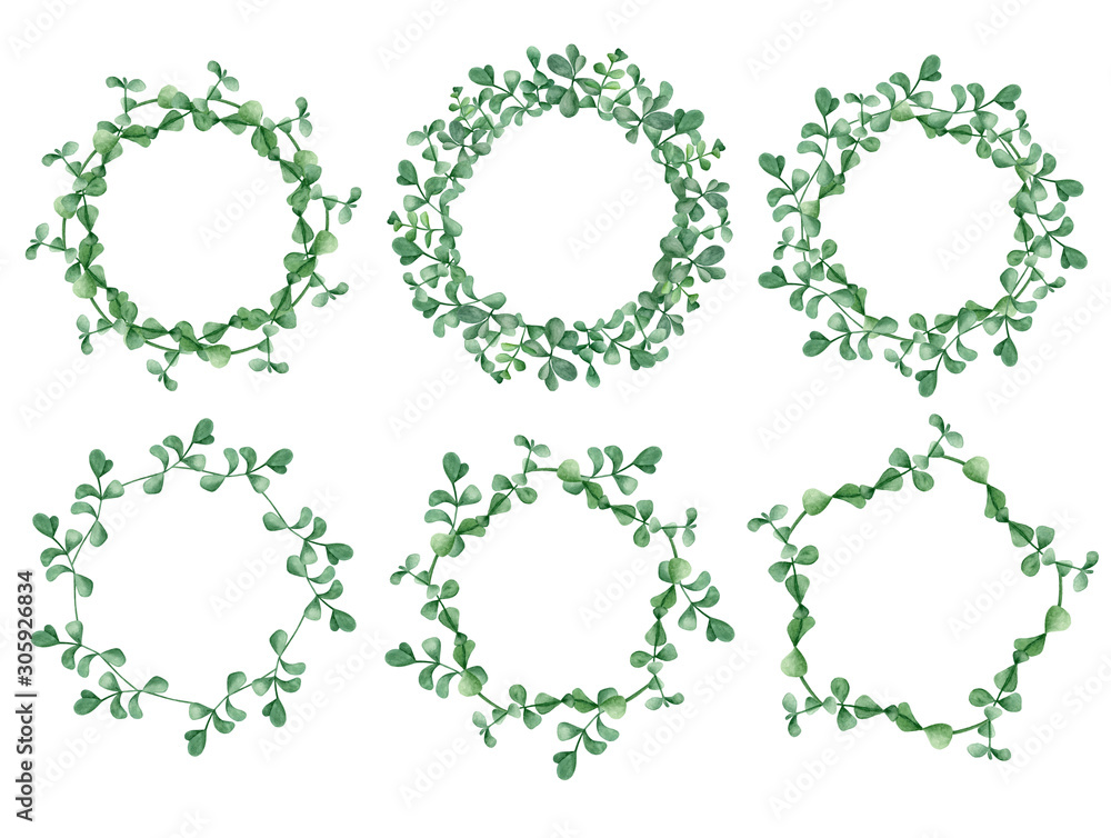 Watercolor set of round wreath with silver dollar eucalyptus. Hand drawn green plants isolated on white background. Elements for wedding invitation, poster, save the date, greeting cards design Watercolor set of round wreath with silver dollar eucalyptus. Hand drawn green plants isolated on white background. Elements for wedding invitation, poster, save the date, greeting cards design