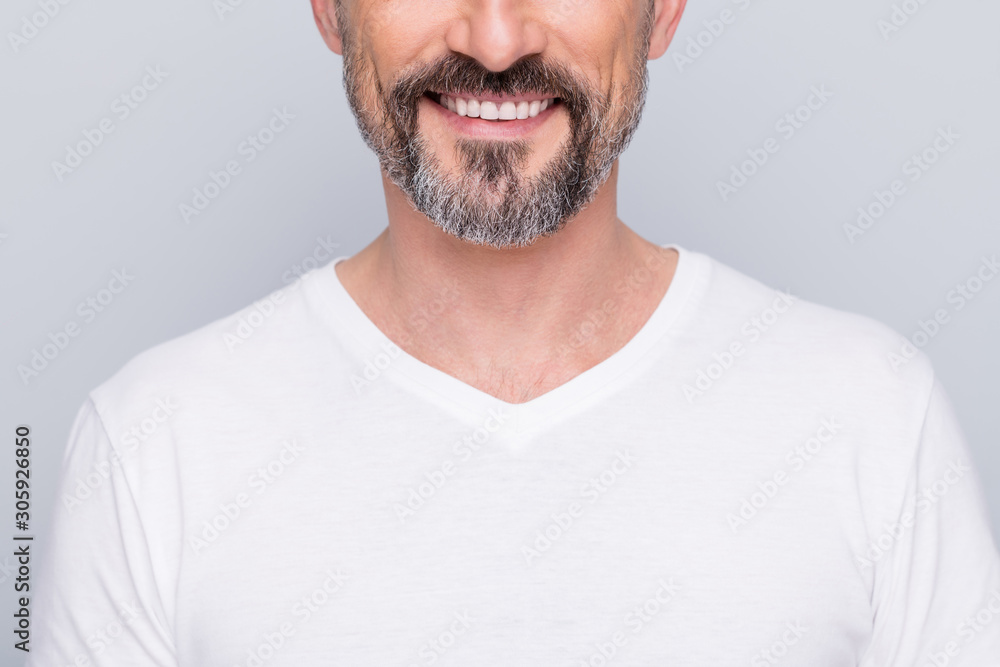 Closeup cropped photo of handsome aged man good mood beaming smile showing perfect groomed beard bleaching teeth wear white t-shirt isolated grey color background Closeup cropped photo of handsome aged man good mood beaming smile showing perfect groomed beard bleaching teeth wear white t-shirt isolated grey color background