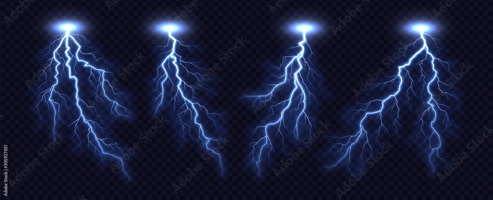 Lightning bolt collection isolated on transparent background. Realistic thunderbolt set. Lighting effect vector illustration.