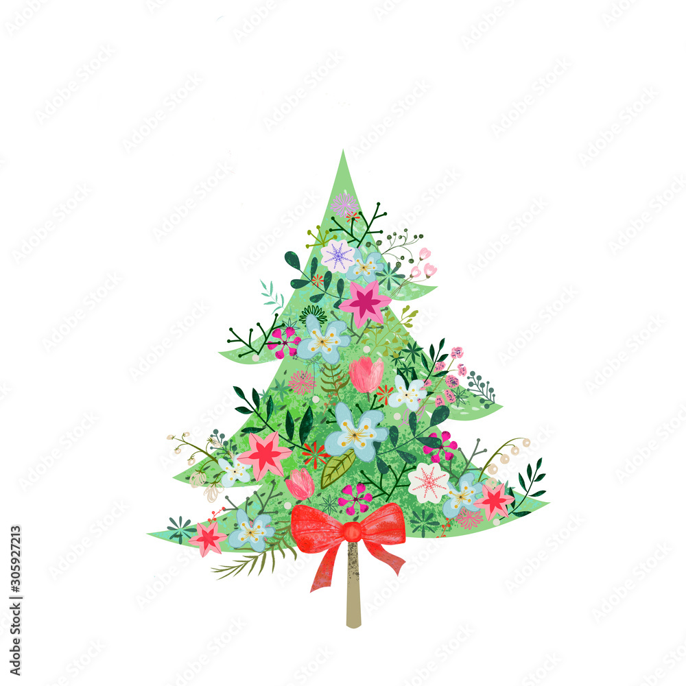 Christmas tree decorated illustration. Star, decoration balls concept in colorful cartoon flat style. Merry Christmas and a happy New Year design for promotion, poster, greeting card