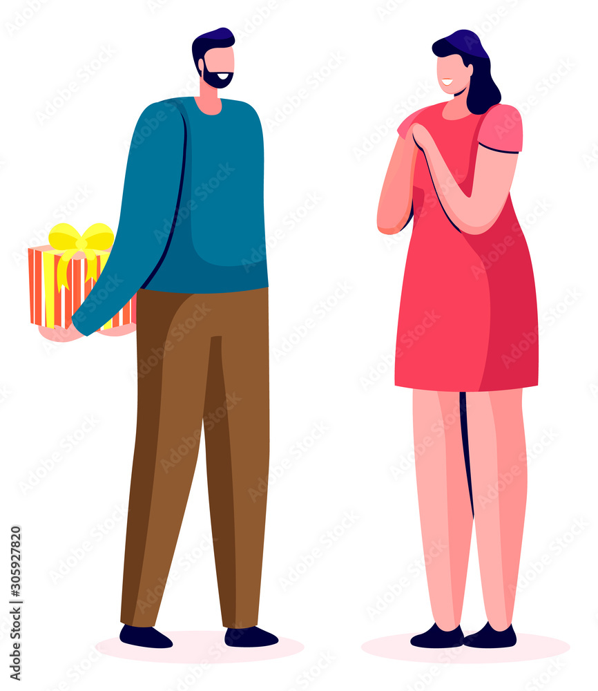 Man giving present on anniversary. Boyfriend making surprise for girlfriend on special date. Excited female character waiting to open gift. Celebration of holidays in pair vector in flat style