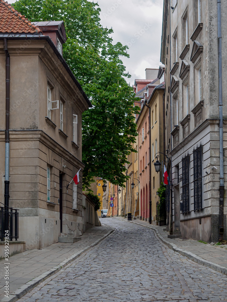 Old brick street in Warsaw, Poland
