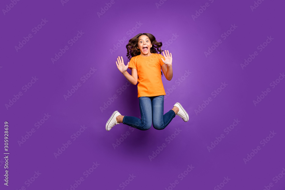 Full length body size view of her she nice attractive crazy foolish playful funky cheerful cheery wavy-haired girl jumping having fun fooling isolated on lilac purple violet pastel color background Full length body size view of her she nice attractive crazy foolish playful funky cheerful cheery wavy-haired girl jumping having fun fooling isolated on lilac purple violet pastel color background