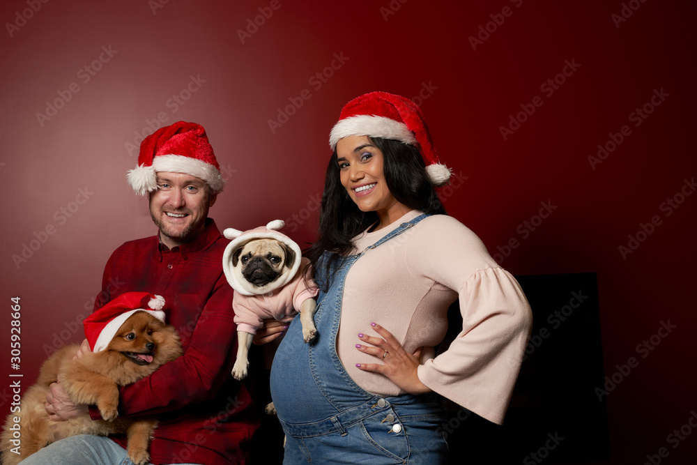 Smiling man and woman in santa cops with pug and spitz Smiling man and woman in santa cops with pug and spitz