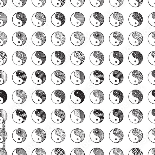 Hand drawn doodle Yin yang symbols with abstract patterns Seamless background. Vector illustration
