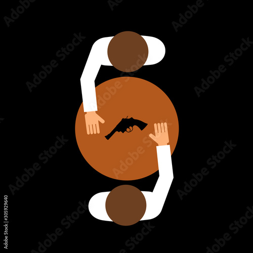 Two men are payling russian roulette game with rotating and spinning pistol, handgun and revolver - Dangerous and hazardous competition and duel. Vector illustration isolated on black.  