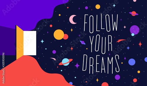 Open door with universe dreams. Modern flat illustration