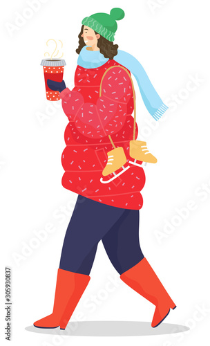 Female character walking at street wearing winter clothes and drinking hot tea or coffee. Lady with skating shoes enjoying hot beverage from plastic cup. Personage in wellingtons, vector in flat