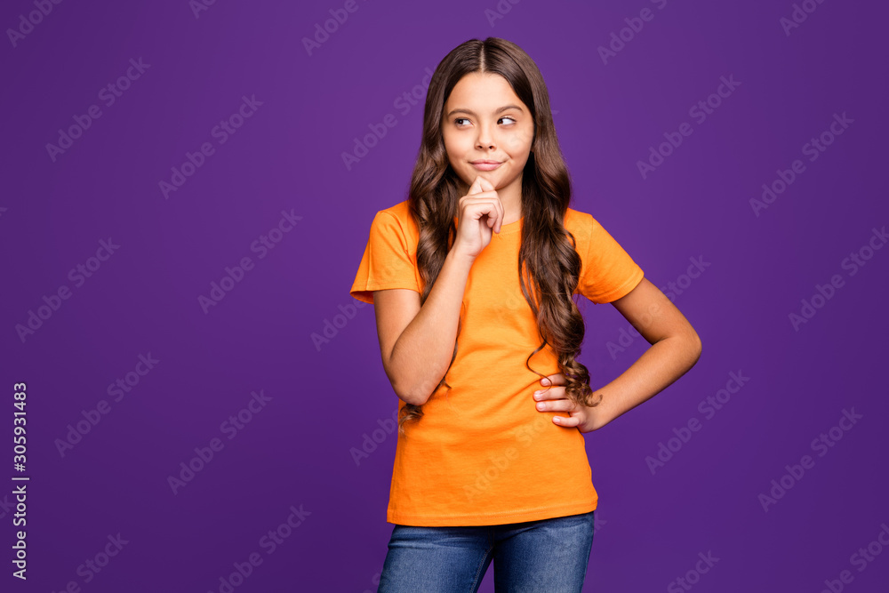 Portrait of her she nice attractive charming lovely sweet smart clever brainy sly wavy-haired girl creating idea isolated over bright vivid shine vibrant lilac purple violet color background Portrait of her she nice attractive charming lovely sweet smart clever brainy sly wavy-haired girl creating idea isolated over bright vivid shine vibrant lilac purple violet color background