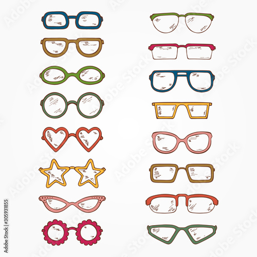 Multicolor Fashionable accessories. Hand Drawn Doodle Glasses Set. Different shapes sunglasses, eyeglasses - Colorful Vector illustration 