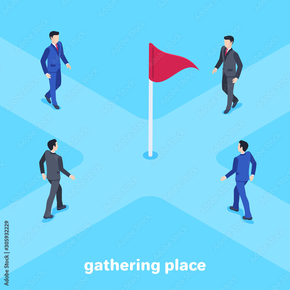 isometric vector image on a blue background, men in business suits walking to the center of the intersection where the red flag is located, the gathering place isometric vector image on a blue background, men in business suits walking to the center of the intersection where the red flag is located, the gathering place