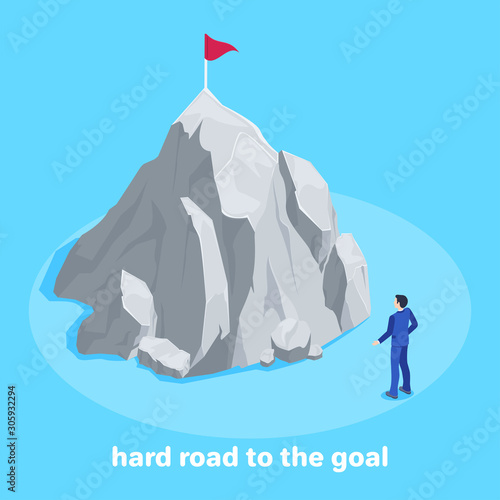 isometric vector image on a blue background, a man in a business suit stands in front of a high mountain at the top of which there is a flag, a hard way to the goal
