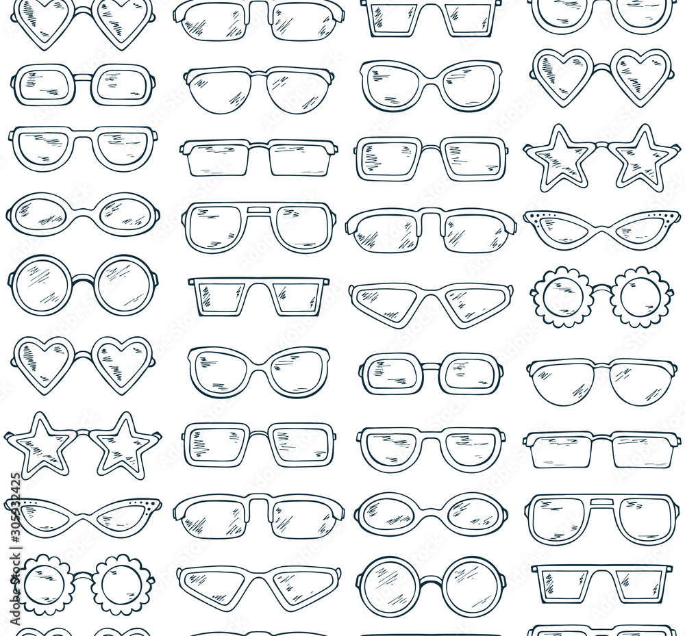 Fashionable accessories. Hand Drawn Doodle Glasses Seamless pattern. Different shapes sunglasses, eyeglasses - Black and white Vector illustration Fashionable accessories. Hand Drawn Doodle Glasses Seamless pattern. Different shapes sunglasses, eyeglasses - Black and white Vector illustration