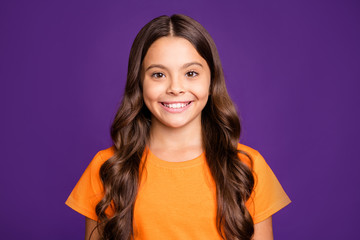 Close-up portrait of her she nice attractive charming lovely winsome cute cheerful cheery wavy-haired girl isolated over bright vivid shine vibrant lilac purple color violet background