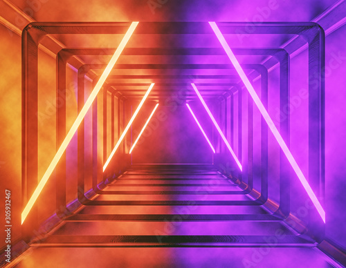 Futuristic Sci Fi Glowing red and violet neon lights. Alien Spaceship Tunnel abstract background. vibrant colors. interior with smoke. 3d rendering