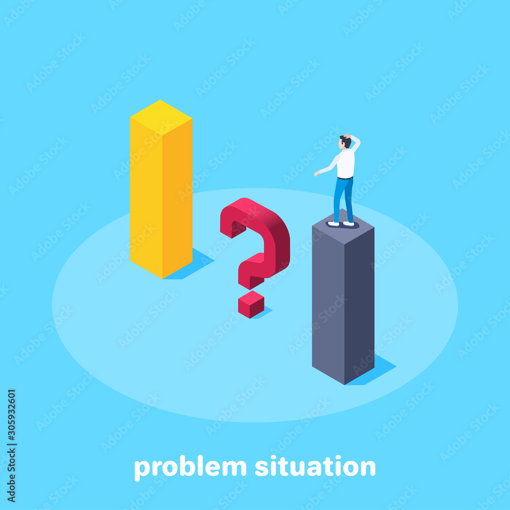 isometric vector image on a blue background, a man thoughtfully stands on a column of the chart and a question mark, problem situation isometric vector image on a blue background, a man thoughtfully stands on a column of the chart and a question mark, problem situation