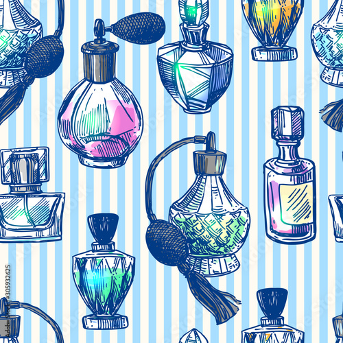 Fragrance bottles vector seamless pattern  illustration. Hand drawn sketch style image.