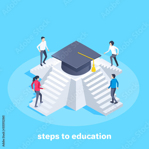 isometric vector image on a blue background, men and women climb the steps of the pyramid to the top where the bachelor's hat is located, steps to education