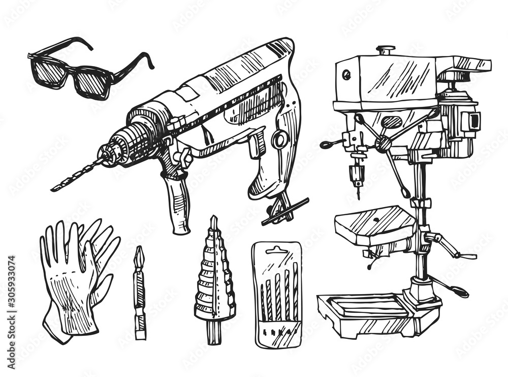 Drilling machine vector illustration. Hand drawn sketch style image. Us