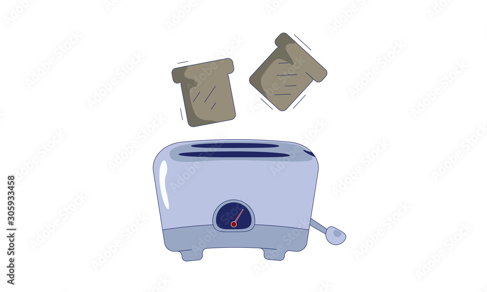cute toaster, throw the toast up. vector morning flat illustration in