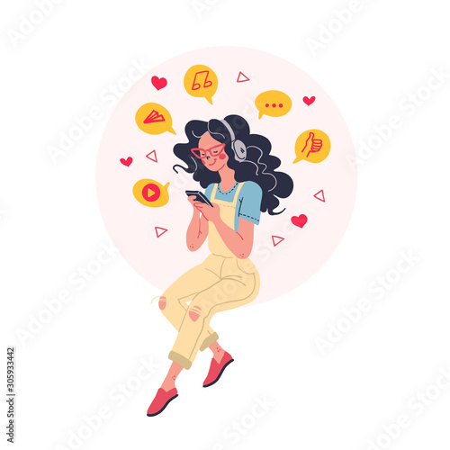 Young stylish long haired girl listening to music in headphones sitting isolated on white background. Flat cartoon style. Vector illustration.