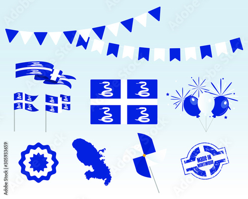 National holiday. Independence Day of Martinique set of vector design elements, Made in Martinique. Map, flags, ribbons, turntables, sockets. Vector symbolism, set for your info graphics.