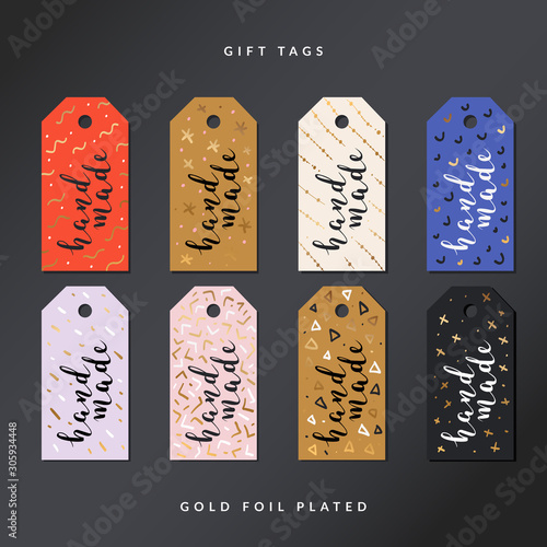 Hand made gift tags, collection of craft card designs, ready-to-use with abstract illustrations and handwritten lettering. Vector template with gold foil design.