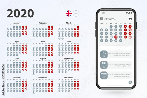 Calendar app for Cell phone, vector calendar 2020 week stars from Monday.
