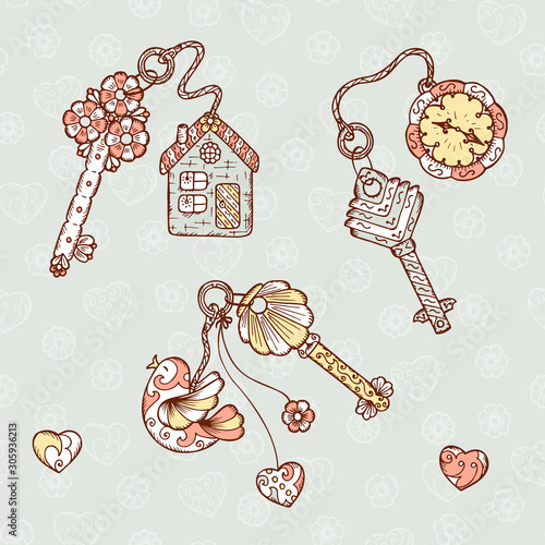 Hand drawn doodle trinkets and keys - Vector Vintage set