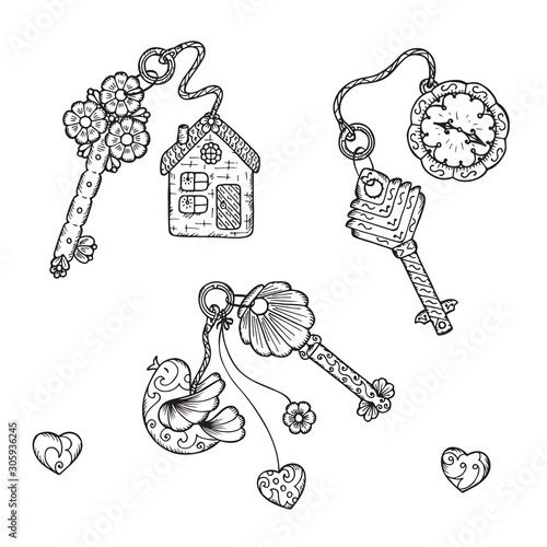 Hand drawn doodle trinkets and keys - Vector Vintage set