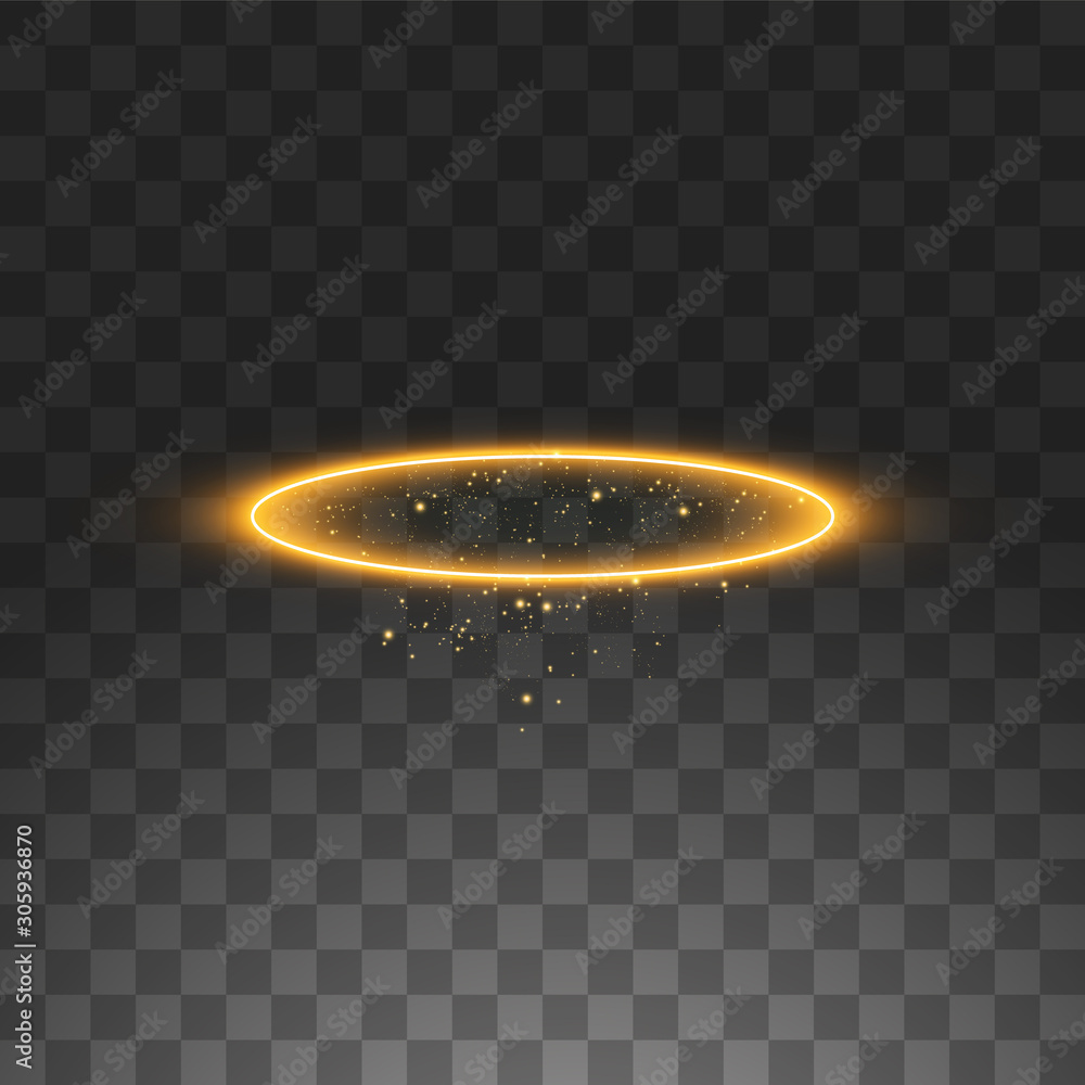 Fototapeta Gold halo angel ring. Isolated on black transparent background, vector illustration