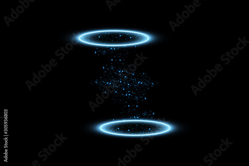 Futuristic teleport. Magic fantasy portal. Light effect. Blue candles rays of a night scene with sparks on a black background. Empty light effect of the podium. Disco club dancefloor.