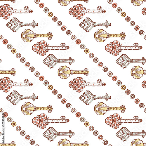 Door key. Hand drawn doodle keys - Vector Vintage Seamless pattern